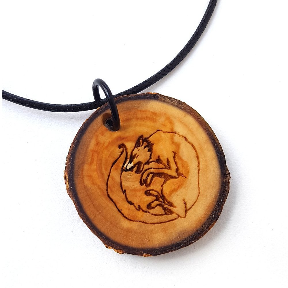 Wolf Wooden Pendant Necklace, Handmade Wood Round